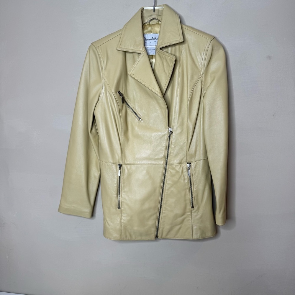 Pamela McCoy Vintage Womens Leather Jacket Tan/gold Size XS zipper front
